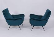 superb pair of mid century Italian armchairs in teal fabric image