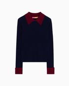 Vilagallo - Navy Ribbed Jumper Burgundy Neck