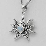 Solid 925 Sterling Silver Pentacle Pentagram Pendant Necklace, Moon &amp; Circle Design, Curb Chain Large Pentagram Necklace image
