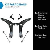 Rear Upper And Lower Control Arms 6-Piece Front Steering And Suspension Kit For 2004-2011 Chevy Aveo &amp; Pontiac G3 – Includes Control Arms, Ball Joints, Tie Rods, Sway Bar Links image