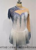 Ice Dance Dress White Ice Skating Competition Dress – Long Sleeve Mesh – Girls Figure Skating Twirling Costume image
