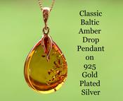 Classic Baltic Amber Drop Pendant on 925 Gold Plated Silver