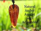 Natural Amber Amulet with Adjustable Cord + FREE Extra Pendant!