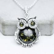 Amber Charm - Green Amber Owl Pendant Necklace Silver Owl Necklace: 47cm image