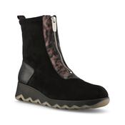 Wonders C-7632 Black Leather Boots with front zip &amp; animal print detail image