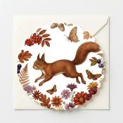 Red Squirrel Golden Bound, Scalloped Round Greeting Card image