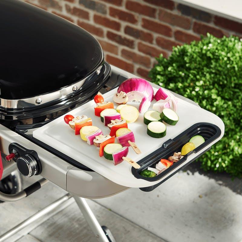 Weber Traveler Cut & Catch Board with Collapsible Bin - White/Black - Integrated Groove, Spill Prevention, Easy Storage for Grill-side Prep