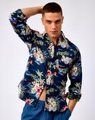 Navy Tropical Print Cotton Shirt - XL / Navy