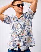 Blue Palmito Print Short Sleeve Cotton Shirt - M / Blue