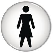 DOMED SIGN WOMEN SYMBOL 60MM (SELF-ADHESIVE BACKING, BLACK FIGURE ON WHITE BACKGROUND) RDS1 (PACK OF 1)