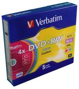 VERBATIM DVD+RW 4X 4.7GB NON-PRINTABLE COLOURS SLIM CASE (PACK OF 5) 43297