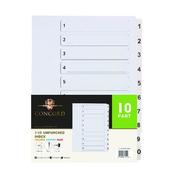 CONCORD UNPUNCHED INDEX 1-10 A4 150GSM WHITE (PACK OF 10 INDEXES) 75201
