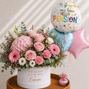 Personalised Blush Rose Hat Box &amp; Retirement Balloons