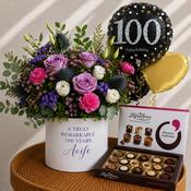 Personalised 100th Birthday Flowers, Balloons &amp; Chocolates Gift Set