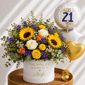 Personalised 21st Birthday Flowers &amp; Balloon Bunch Gift Set