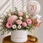 Personalised 70th Pink Birthday Flowers &amp; Balloon Bunch Gift Set