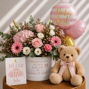 Personalised Baby Girl Flowers, Balloons, Card &amp; Teddy Bear Gift Set