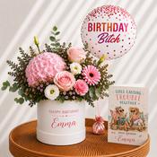 Personalised Blush Rose Hat Box, Birthday Balloon &amp; Greeting Card