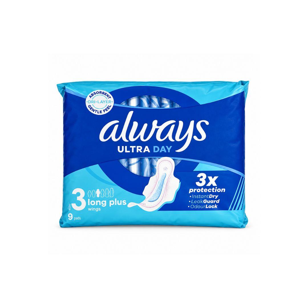 Always Ultra Day & Night Sanitary Pads with Wings, Size 3, 9 Pads, 3x Protection, InstantDry, LeakGuard, OdourLock