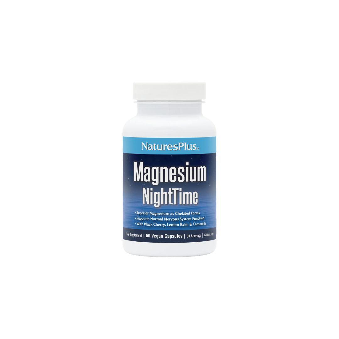 NaturesPlus Magnesium NightTime 60 Vegan Capsules | Superior Magnesium, Vitamin B6, L-Theanine, Botanicals for Relaxation & Sleep | Gluten-Free