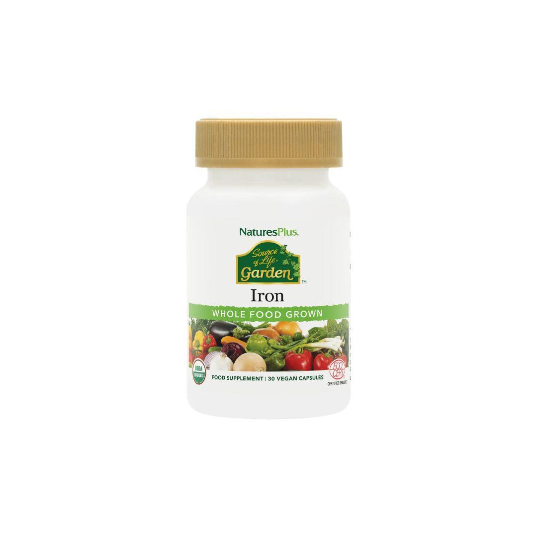 NaturesPlus Source of Life Garden Iron 18mg 30 Vegan Capsules Certified Organic USDA Organic Gluten Free Non-GMO Whole Food Grown