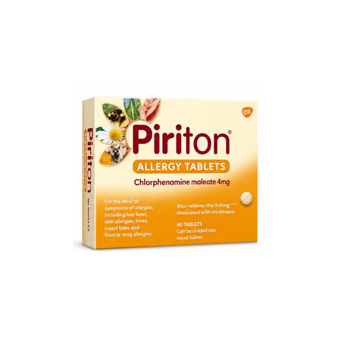 Piriton Chlorphenamine Allergy Relief Tablets 60mg for Hayfever, Skin Allergies, Insect Bites, and More - Fast Acting Antihistamine for Adults & Children 6+