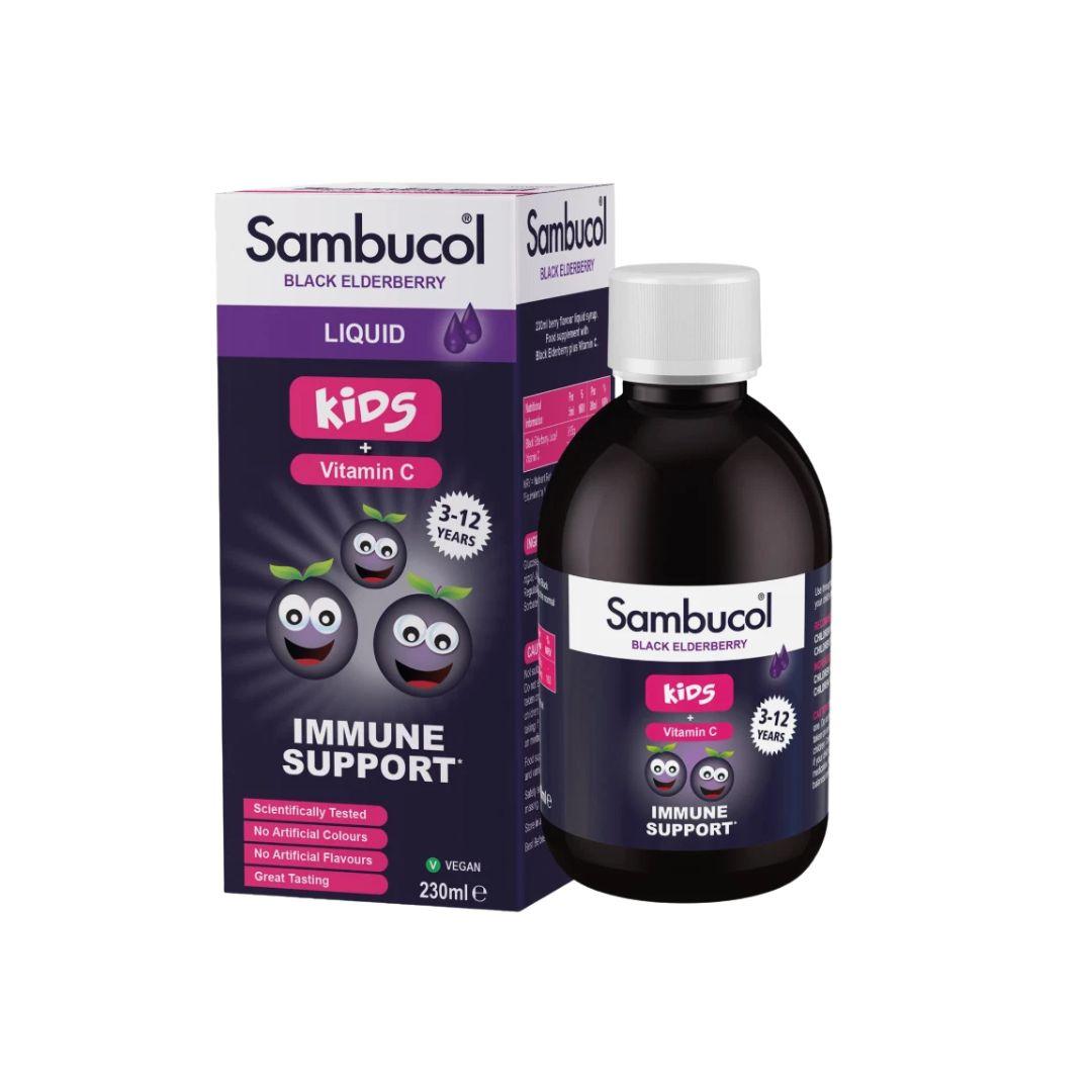 Sambucol Liquid For Kids with Vitamin C Black Elderberry Food Supplement 230ml Supports Immune System No Artificial Colours Flavours