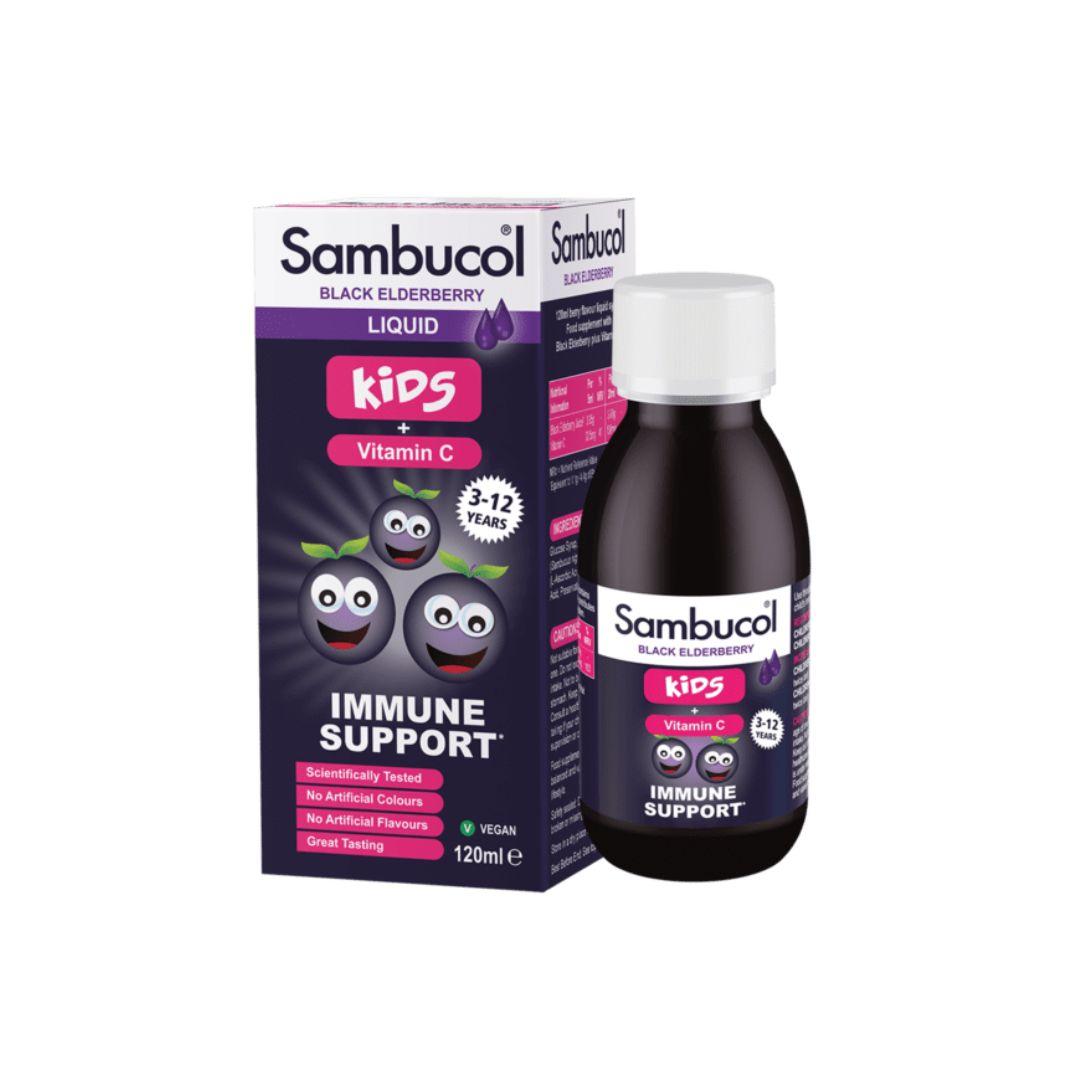 Sambucol Liquid For Kids with Vitamin C, Black Elderberry, 1-12 Years, 120ml, Helps Support the Immune System, Image Features: Vitamin C, 1-12 Years, Liquid, Black Elderberry