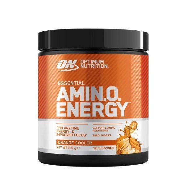 Optimum Nutrition Amino Energy Orange Cooler - Energy, Focus & Recovery - 270g - Amino Acids & Caffeine - 30 Servings - Image Features: Energy, Focus, Zero Sugars, Orange Cooler, 30 Servings