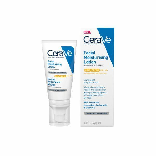 CeraVe Facial Moisturising Lotion SPF50, Fragrance Free, Non-Comedogenic, for Normal to Dry Skin, Size 52ml, Image Features: SPF 50, UVA, UVB