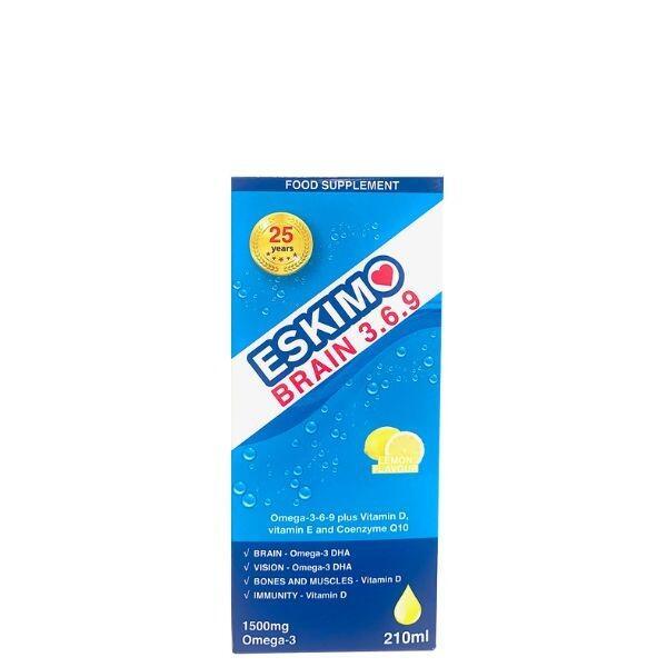 Eskimo Brain Omega 3-6-9 Fish Oil Supplement 210ml with Vitamin D, E, CoQ10 & Lemon Flavour