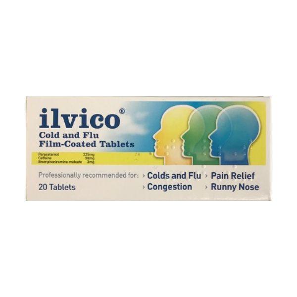 Ilvico Cold and Flu Film-Coated Tablets 20pk with Paracetamol, Caffeine, Brompheniramine Maleate for Pain Relief, Congestion, Runny Nose
