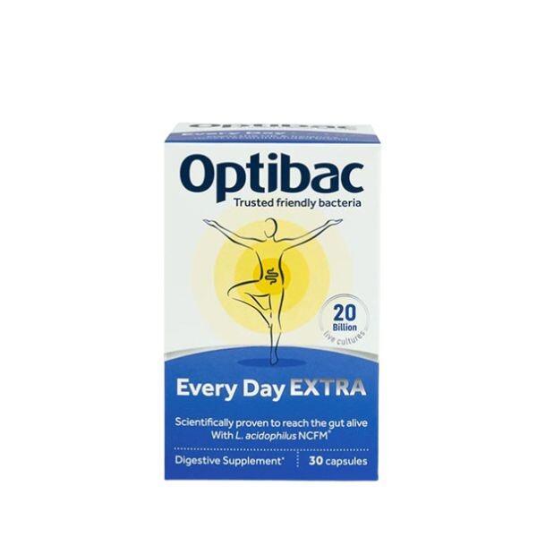 Optibac Every Day EXTRA Probiotics 20 Billion CFU 30 Capsules | Vegan, Dairy Free, Gluten Free | Digestive & Immune Support | Image Features: Vegan, Dairy free, Gluten free, GMO free, Free from artificial colours, 30 capsules
