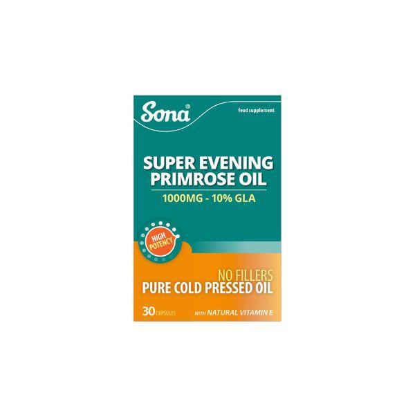 Sona Super Evening Primrose Oil 1000mg 10% GLA 30 Capsules Omega 6 Natural Vitamin E High Potency