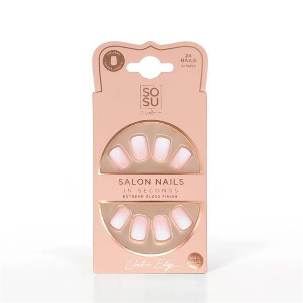 SOSU Ombre Edge False Nails - Square Short Length, 24 Nails, 10 Sizes, Extreme Gloss Finish, Includes Nail Glue