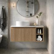 Fluted 800mm Wall Hung Vanity Unit with Side Storage Box &amp; Counter Top - Country Oak