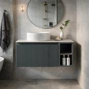 Fluted 800mm Wall Hung Vanity Unit with Side Storage Box &amp; Counter Top - Smoked Sage
