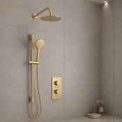 Concealed Thermostatic Shower Valve with Rail, Hose &amp; Rain Head - Brushed Brass