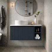 Fluted 800mm Wall Hung Vanity Unit with Side Storage Box &amp; Counter Top - Midnight Shadow