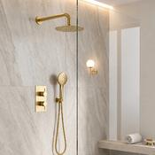 Concealed Thermostatic Shower Kit with Outlet, Hose &amp; Head - Brushed Brass