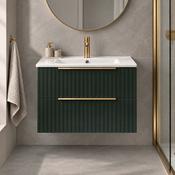Fluted 600mm Wall Hung Vanity Unit with Basin and 2 Drawers - Matt Forest Green