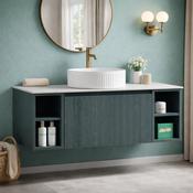 Fluted 1000mm Wall-Hung Vanity Unit with 2 Side Storage &amp; Counter Top – Smoked Sage