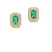 9ct Gold Syn Emerald &amp; CZ Rectangular Halo Stud Earrings GEE55 image