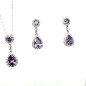 Sterling Silver Amethyst CZ Halo Teardrop Pendant &amp; Earring Set GL1055SET