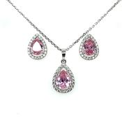 Sterling Silver Pink CZ Teardrop Halo Pendant &amp; Earring Set GL1173PK