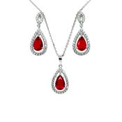 Sterling Silver Ruby CZ Marquise Halo Teardrop Pendant &amp; Earring Set GL980SET