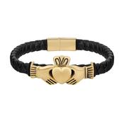 Mens Gold-plated Black Leather Claddagh Bracelet S50246G image