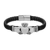 Mens Rhodium Black Leather Claddagh Bracelet S50246 image