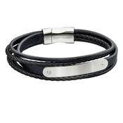 Fred Bennett Multi Strand Woven Black Leather &amp; ID Bar Bracelet B5282