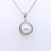 18ct White Gold Cultured Pearl &amp; Pavé Diamond Halo Pendant GPX87 image